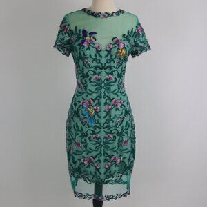 🌺 Tadashi Verena Green Sheer Illusion Embroidered Floral Bird Lace Dress Sz 10